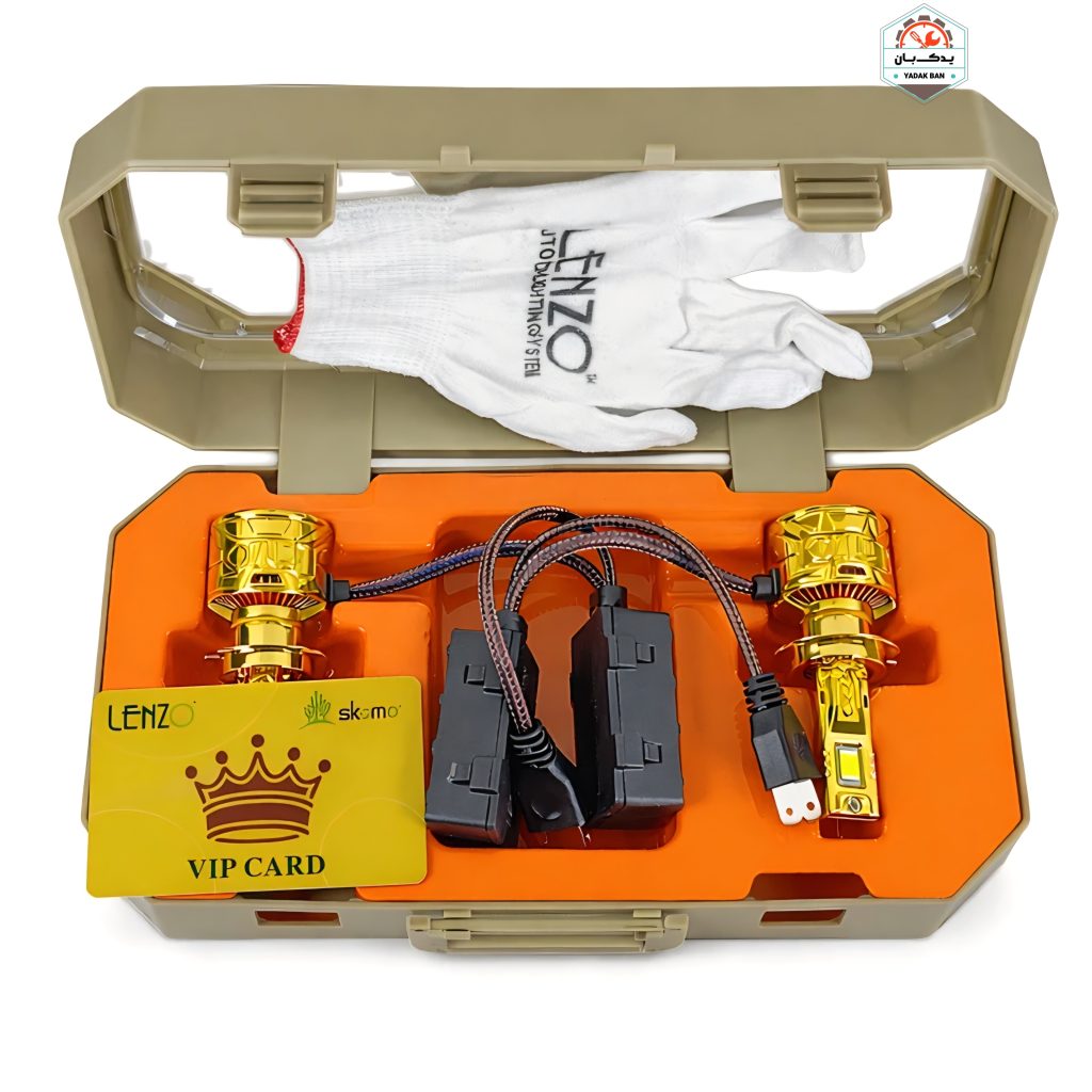 محتویات جعبه هدلایت لنزو V125 Pro Max پایه H1 شامل دو عدد لامپ، کنباس، دستکش نصب و کارت گارانتی طلایی